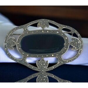 JUDITH JACK 925 Silver Art Deco Vintage Black Onyx & Marcasite Brooch Pin Tulip